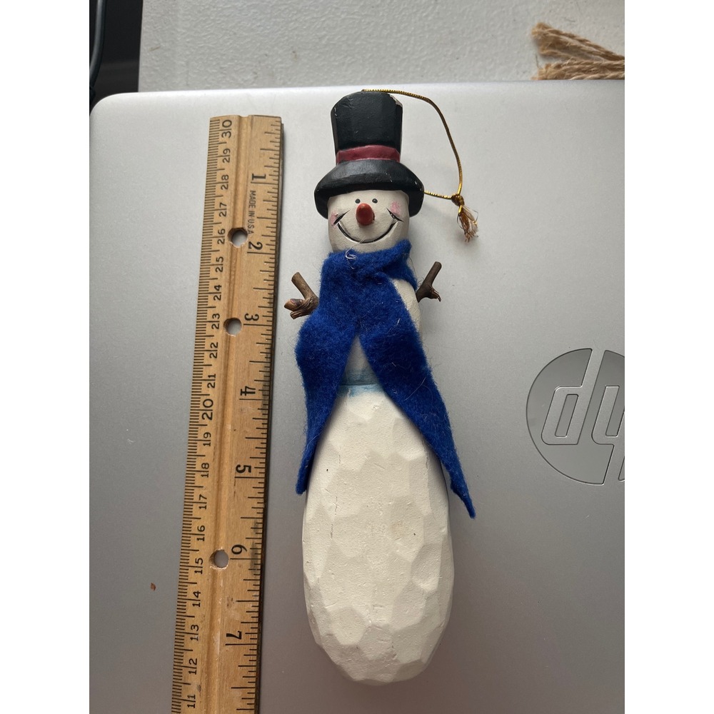 Vintage Style Hand Carved Wood Snowman Ornament Blue Scarf Top Hat Folk Art